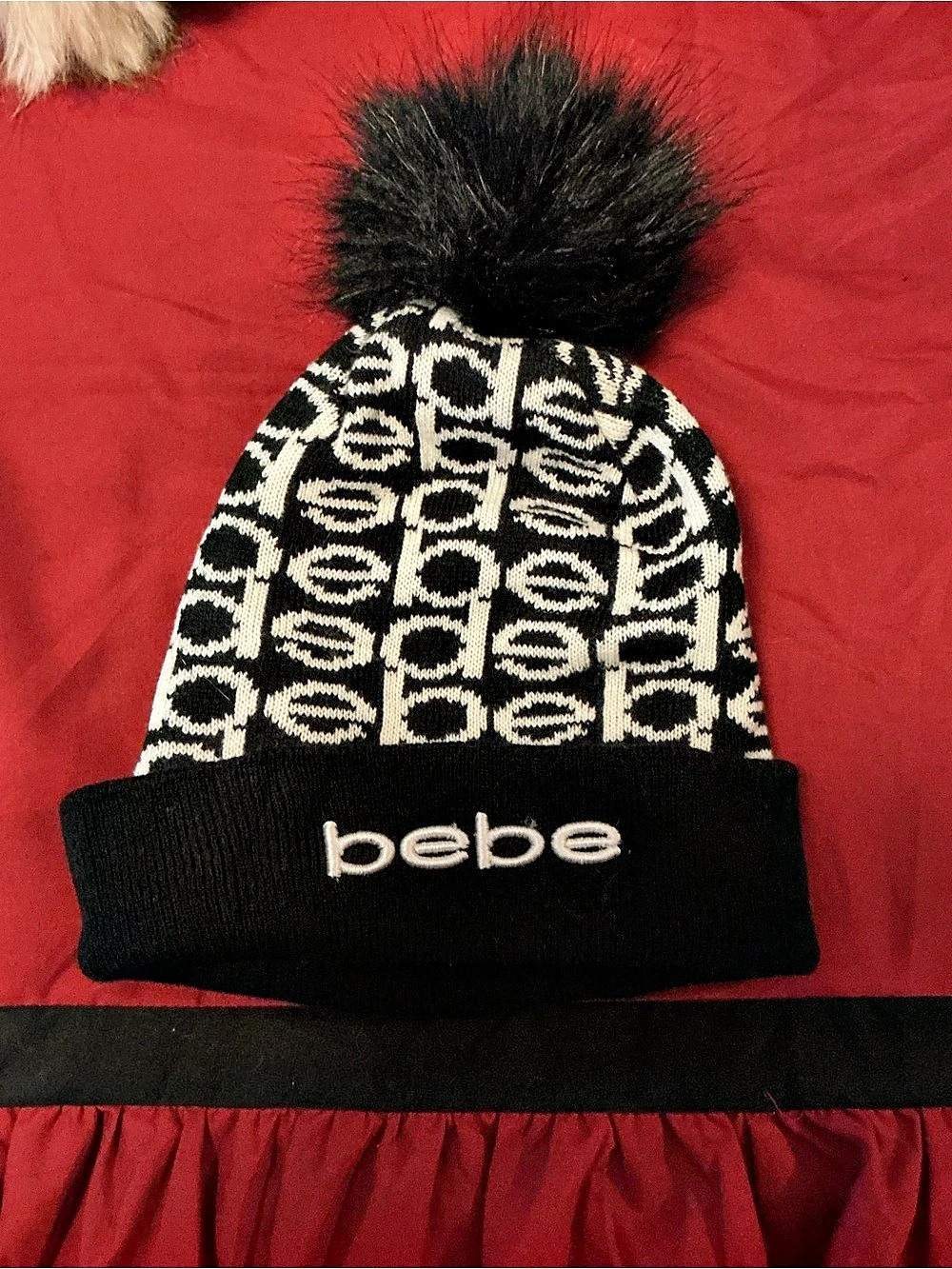 bebe Logo Knit Pom Beanie Black & White